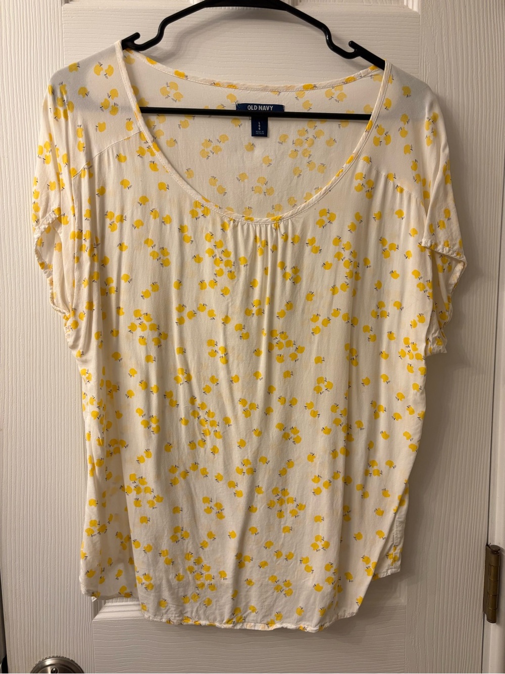 Old Navy Cream Scoop Neck Short Sleeve Top with Yellow Floral Print